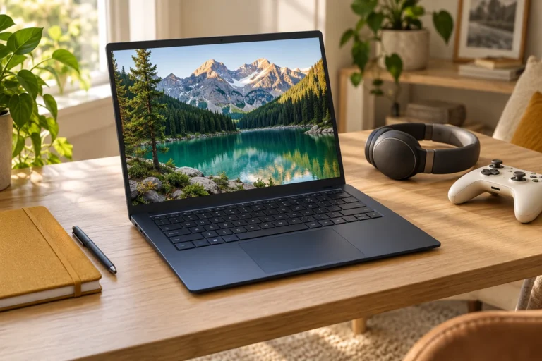 Ordinateur portable sur un bureau avec un casque, une manette et un carnet